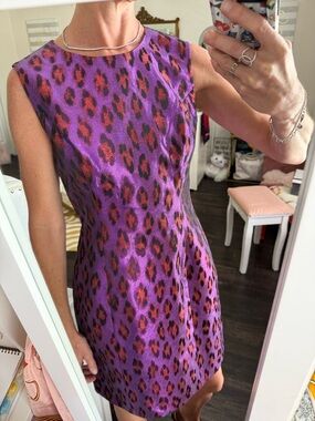 French Connection Purple Leopard Print Dress Metallic Sheath Mini Bodycon Size 4